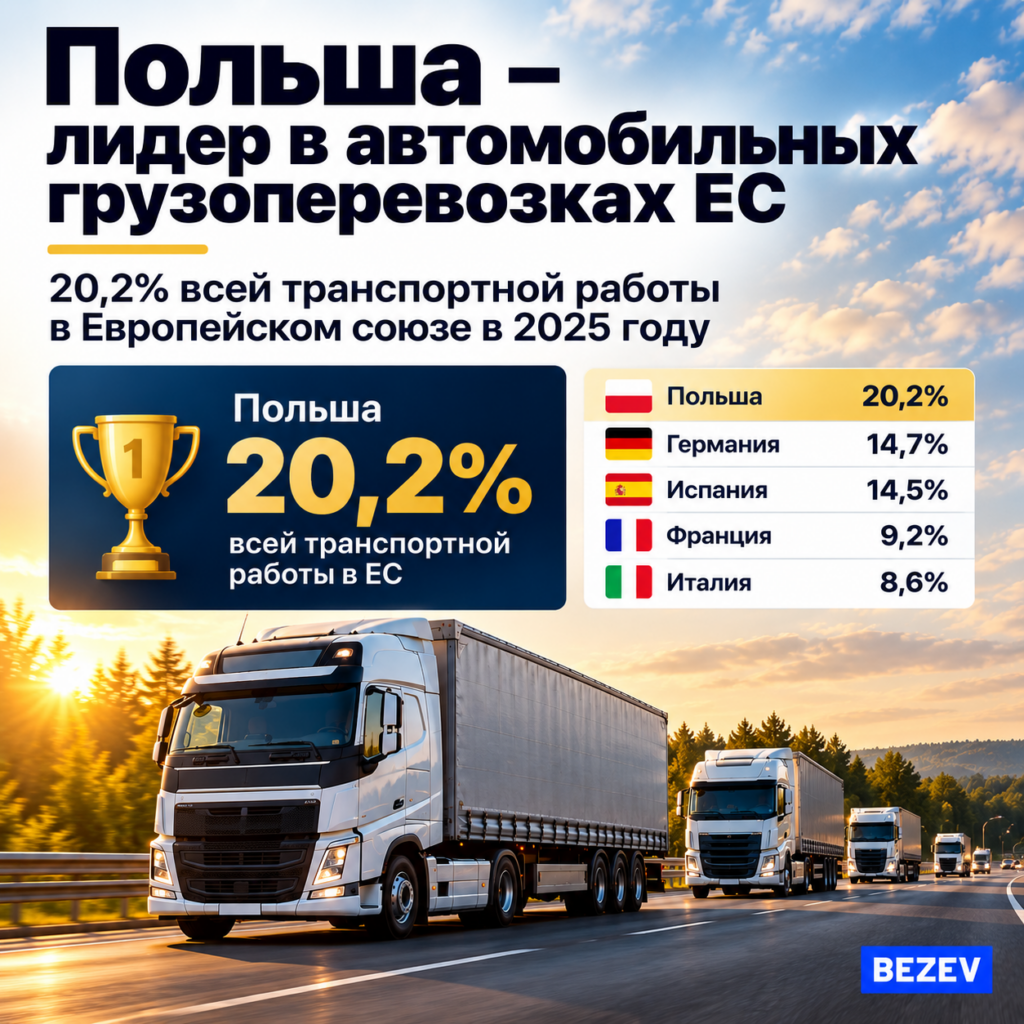 Польша - лидер автомобильных грузоперевозок в ЕС, 20,2% транспортной работы Евросоюза в 2025 году